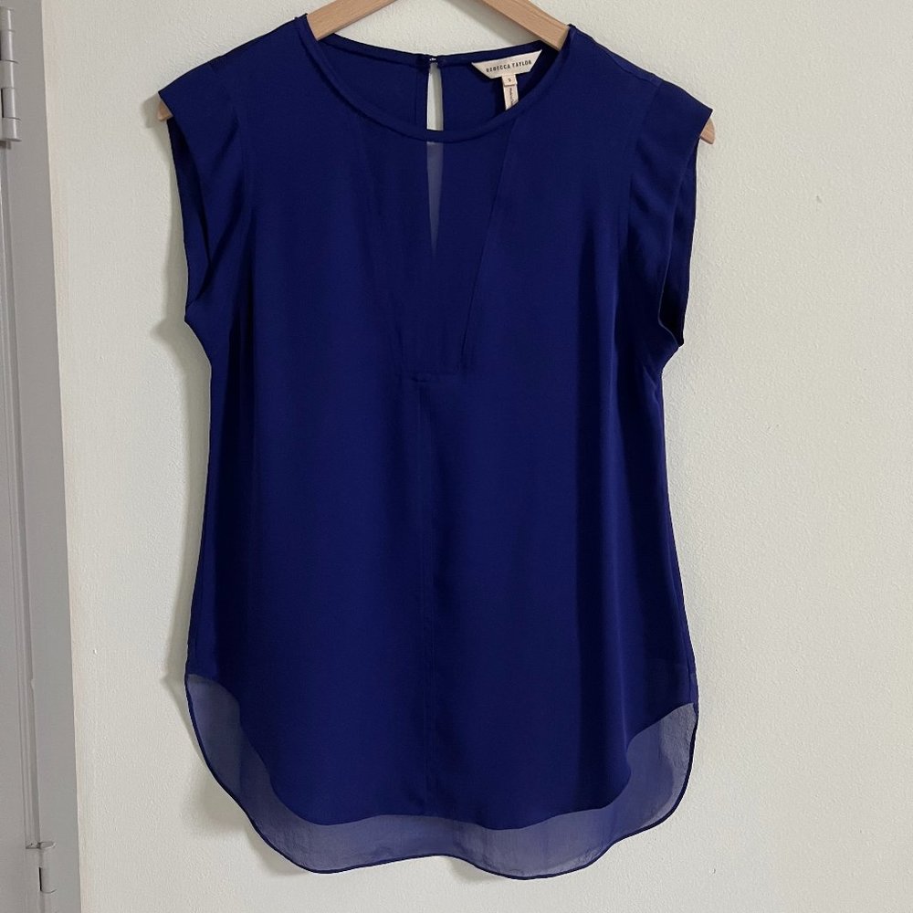 Rebecca Taylor Charlie Silk Top — Blue Violet Sheer Inset Keyhole Back, Sz 2
